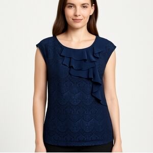 7th Avenue Navy Ruffle Lace Capped Sleeve Blouse Size XL
